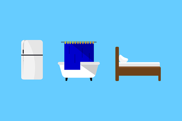 Grafisch beeld ijskast, bad en bed